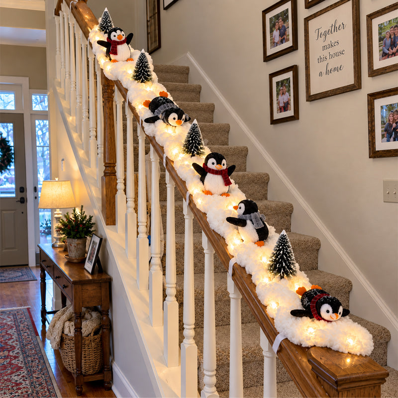 ๐งโจ Penguin Staircase Decoration โ Festive Illuminated Penguin Parade for Holiday Stairs