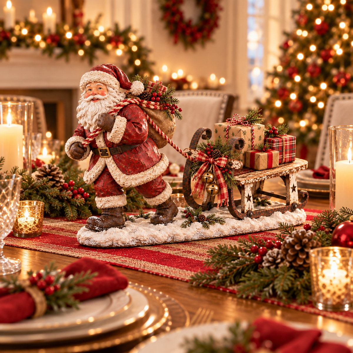 🎅🛷 Santa's Christmas Sleigh Farmhouse Table Decor — Festive Centerpiece with Gift-Filled Sleigh