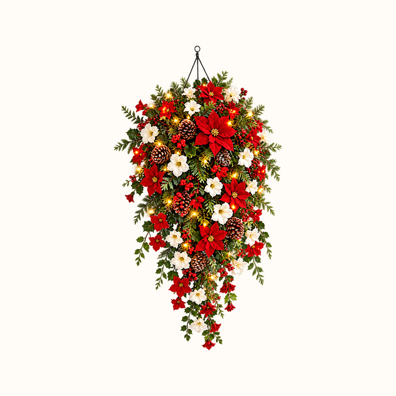 ๐Cascading Christmas Wreath -- Warm Lights, Red & White Blooms, Instant Focal Point