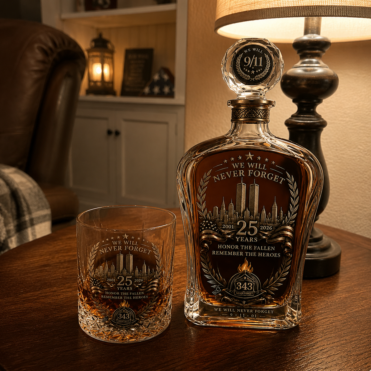 🕯️🇺🇸 9/11 25th Anniversary Whisky Decanter Set — Commemorative Tribute to 343 Heroes