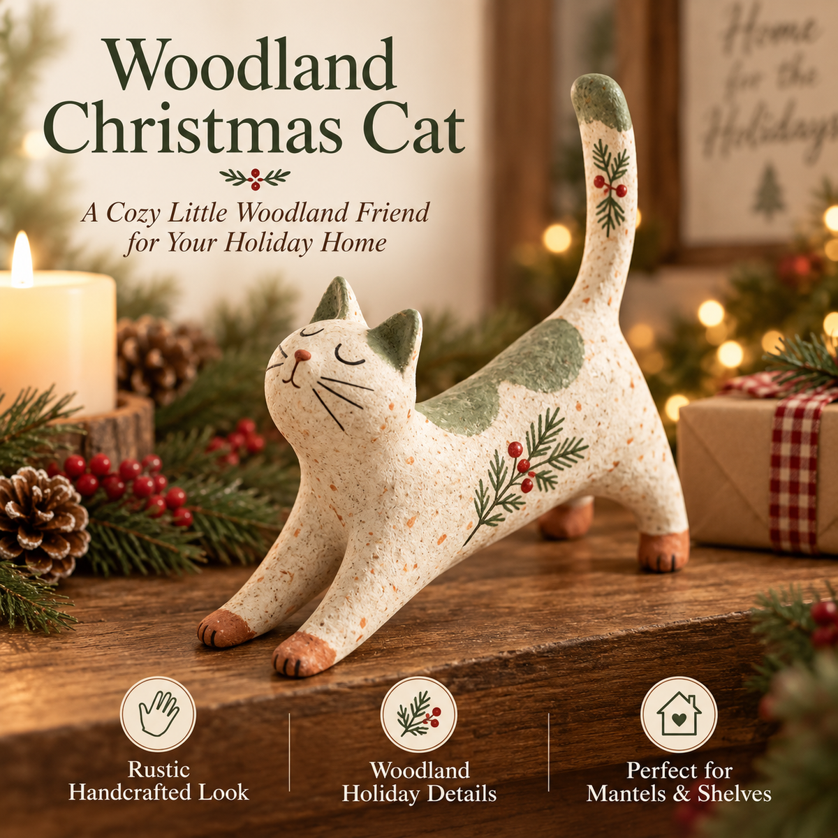 🐈🎄 Woodland Christmas Cat Figurine--a cosy little woodland friend for your holiday home