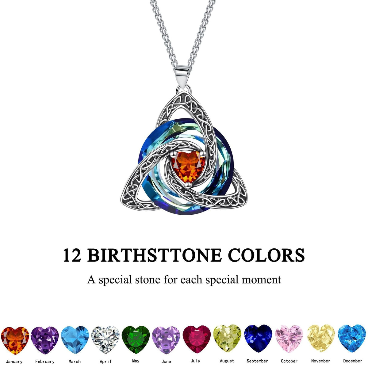 🍀💎 Birthstone Celtic Trinity Knot Necklace — Personalised Irish-Scottish Keepsake in 12 Birthstone Colours