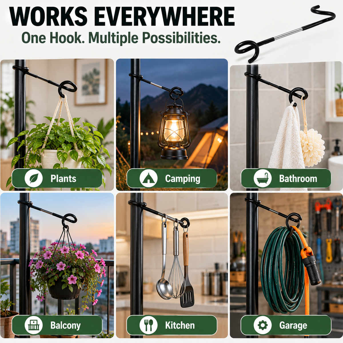 🌿🔩 No-Drill Plant Pole Hanging Hook — Fixed Metal Hook for Extra Greenery Space