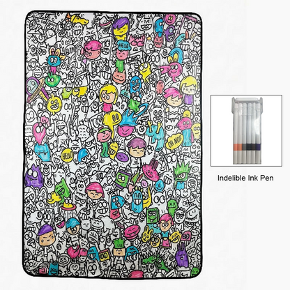 🎨 Color your own cartoon blanket – black & white graffiti, cozy lamb fleece back! 🖍️✨