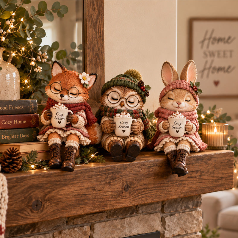 🦊🦉🐰 Cozy Christmas Animal Companion Figurines — Fox, Owl & Bunny with Warm Drink Cups
