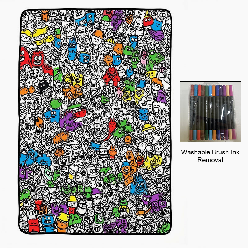🎨 Color your own cartoon blanket – black & white graffiti, cozy lamb fleece back! 🖍️✨