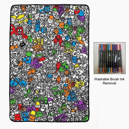 🎨 Color your own cartoon blanket – black & white graffiti, cozy lamb fleece back! 🖍️✨