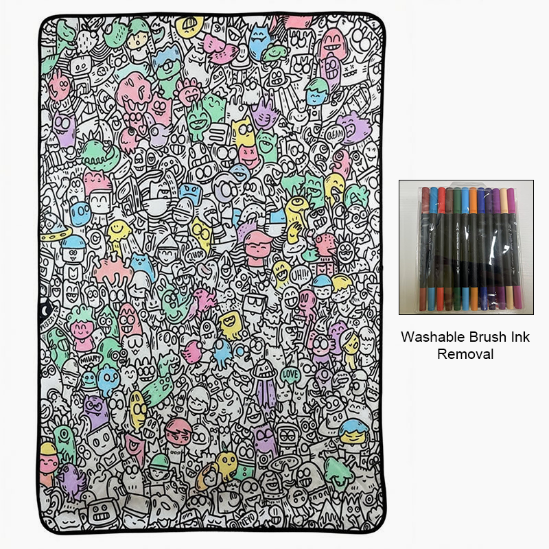 🎨 Color your own cartoon blanket – black & white graffiti, cozy lamb fleece back! 🖍️✨