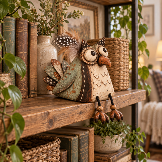 🦉🏡 Rustic Owl Shelf Sitter — Whimsical Farmhouse Figurine with Dangling Legs