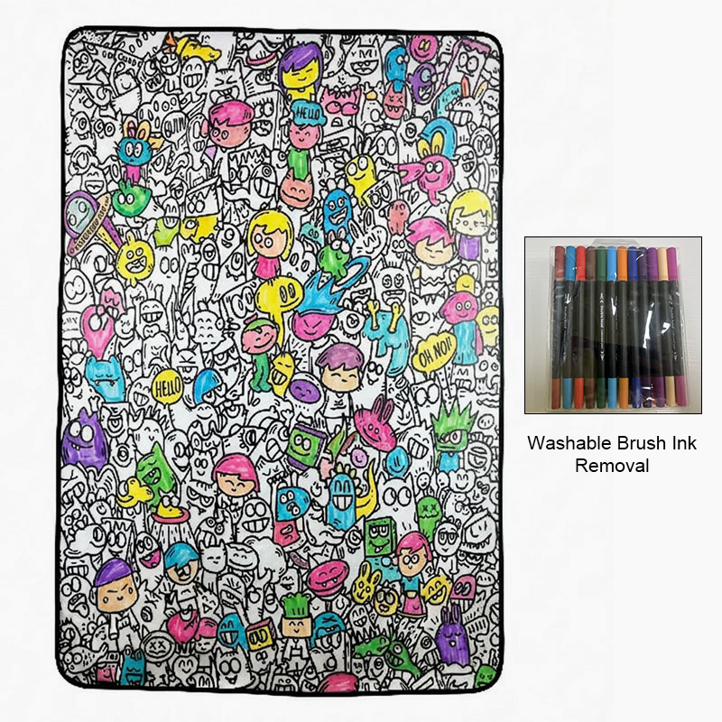 🎨 Color your own cartoon blanket – black & white graffiti, cozy lamb fleece back! 🖍️✨