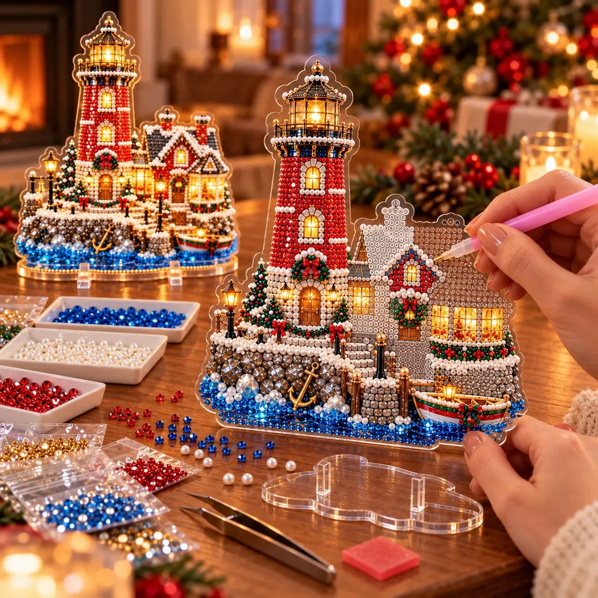 🗼DIY Pearl Diamond Christmas Lighthouse Kit -- 8 Coastal Styles, Bead-by-Bead Craft & Standing Holiday Display