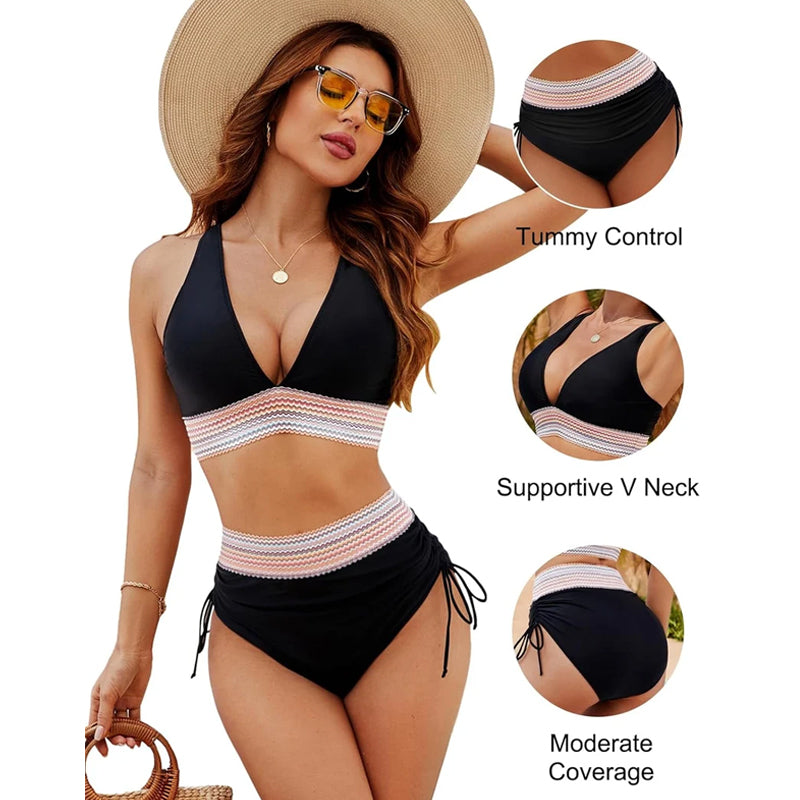 🔥S~4XL available🔥2025 High Waisted Tummy Control Color Block Bikinisets