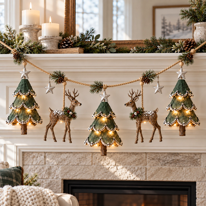 🎄🦌 Handmade Lighted Woodland Christmas Garland — Hand-Painted Trees, Deer & Warm Glow