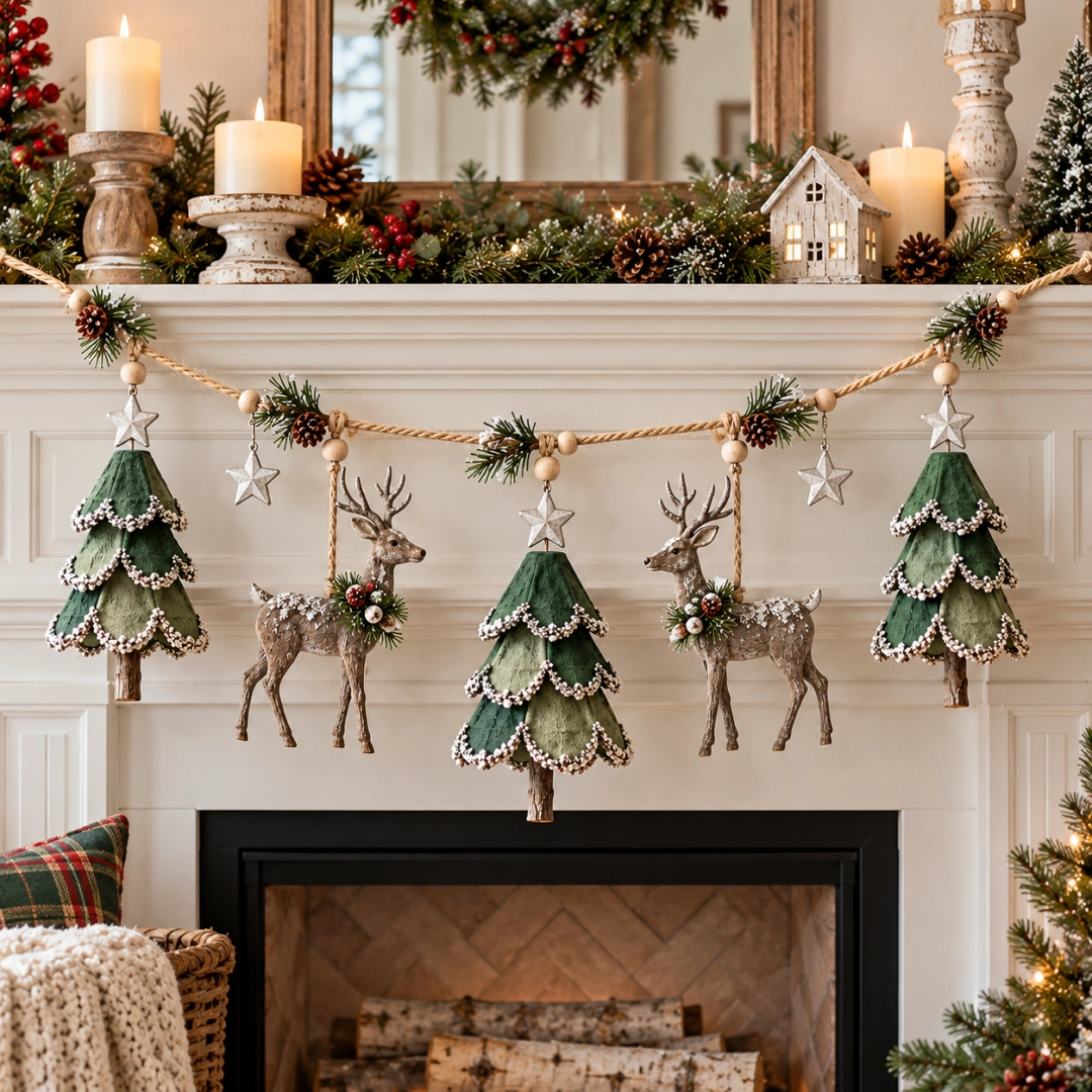 🎄🦌 Handmade Lighted Woodland Christmas Garland — Hand-Painted Trees, Deer & Warm Glow