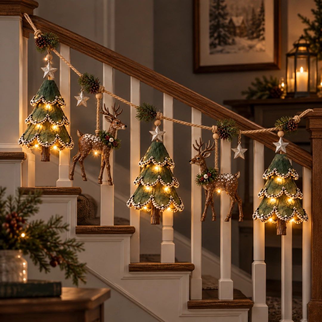 🎄🦌 Handmade Lighted Woodland Christmas Garland — Hand-Painted Trees, Deer & Warm Glow