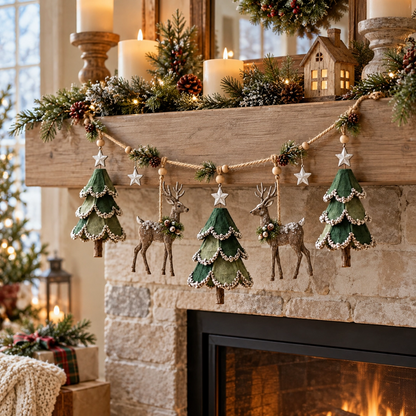 🎄🦌 Handmade Lighted Woodland Christmas Garland — Hand-Painted Trees, Deer & Warm Glow