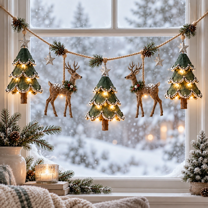 🎄🦌 Handmade Lighted Woodland Christmas Garland — Hand-Painted Trees, Deer & Warm Glow