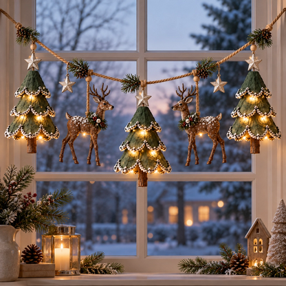 🎄🦌 Handmade Lighted Woodland Christmas Garland — Hand-Painted Trees, Deer & Warm Glow