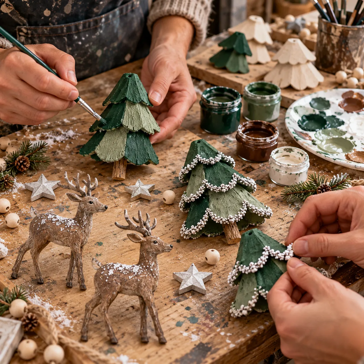 🎄🦌 Handmade Lighted Woodland Christmas Garland — Hand-Painted Trees, Deer & Warm Glow