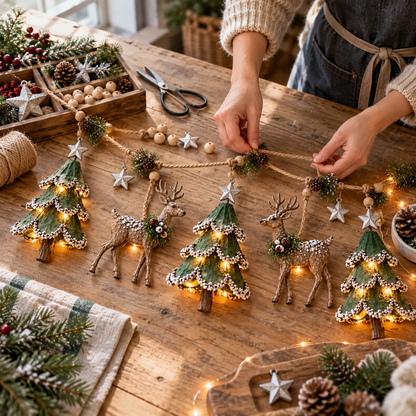 🎄🦌 Handmade Lighted Woodland Christmas Garland — Hand-Painted Trees, Deer & Warm Glow
