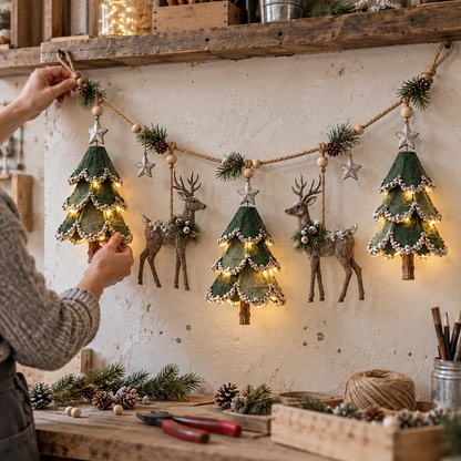 🎄🦌 Handmade Lighted Woodland Christmas Garland — Hand-Painted Trees, Deer & Warm Glow