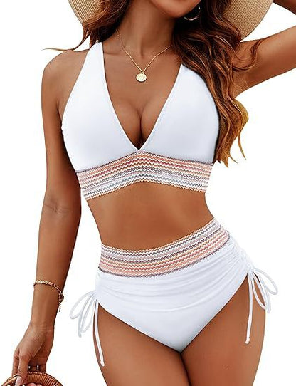 🔥S~4XL available🔥2025 High Waisted Tummy Control Color Block Bikinisets