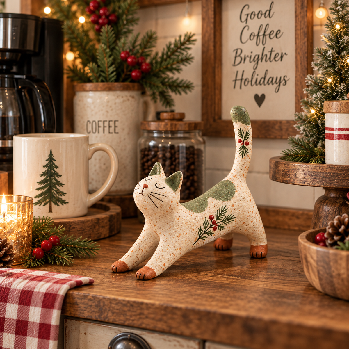 🐈🎄 Woodland Christmas Cat Figurine--a cosy little woodland friend for your holiday home