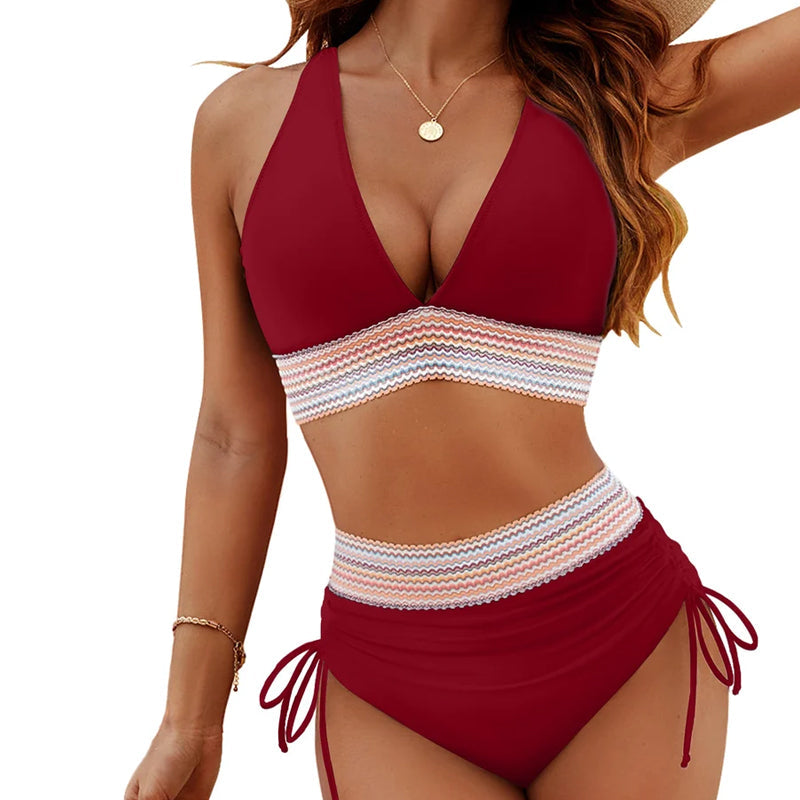 🔥S~4XL available🔥2025 High Waisted Tummy Control Color Block Bikinisets