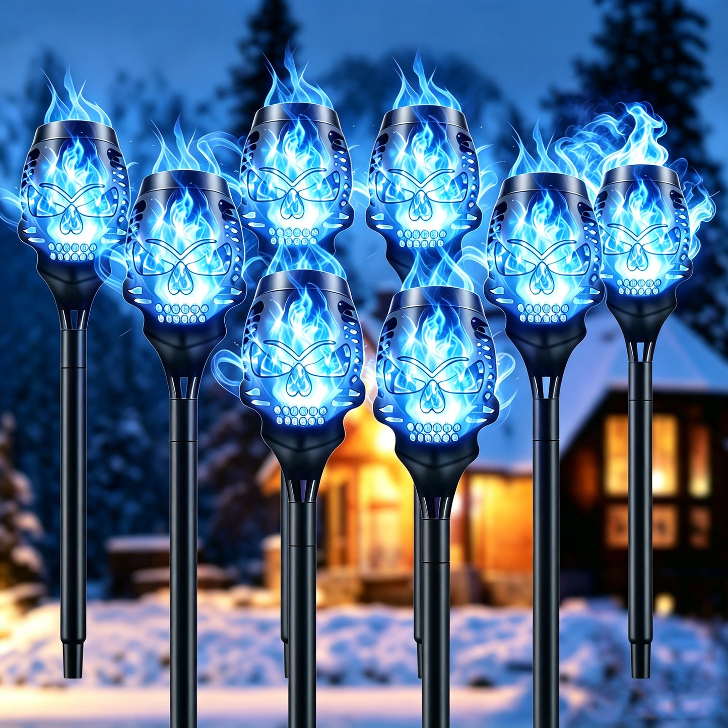 💀 Solar Purple Flickering Skull Flame Torch Lights: Spooky Halloween Outdoor Decor! 🎃