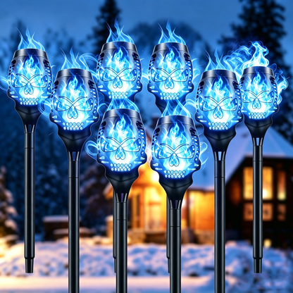 💀 Solar Purple Flickering Skull Flame Torch Lights: Spooky Halloween Outdoor Decor! 🎃