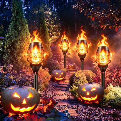 💀 Solar Purple Flickering Skull Flame Torch Lights: Spooky Halloween Outdoor Decor! 🎃