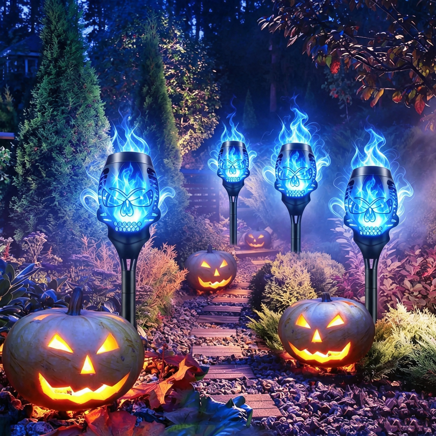 💀 Solar Purple Flickering Skull Flame Torch Lights: Spooky Halloween Outdoor Decor! 🎃