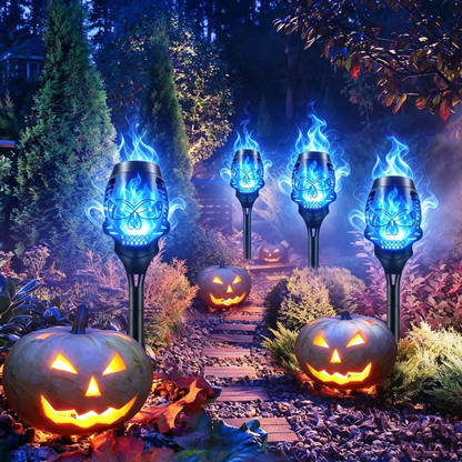 💀 Solar Purple Flickering Skull Flame Torch Lights: Spooky Halloween Outdoor Decor! 🎃