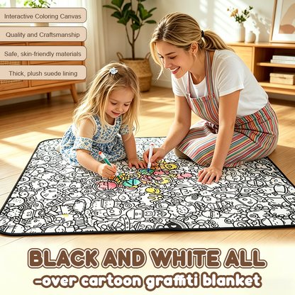 🎨 Color your own cartoon blanket – black & white graffiti, cozy lamb fleece back! 🖍️✨