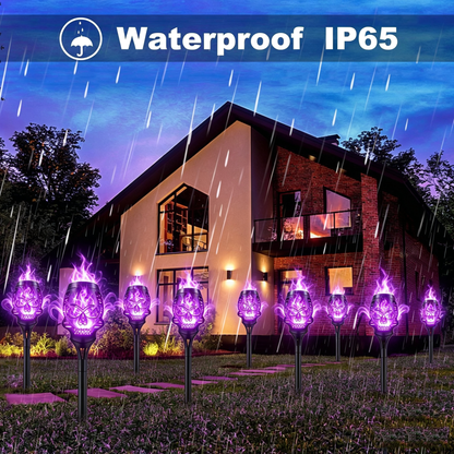 💀 Solar Purple Flickering Skull Flame Torch Lights: Spooky Halloween Outdoor Decor! 🎃