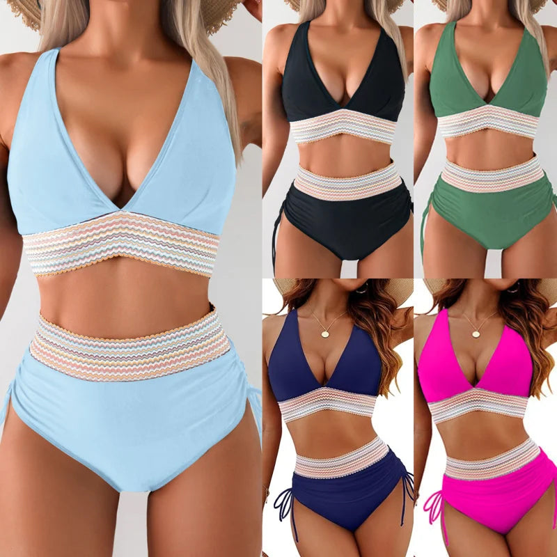 🔥S~4XL available🔥2025 High Waisted Tummy Control Color Block Bikinisets