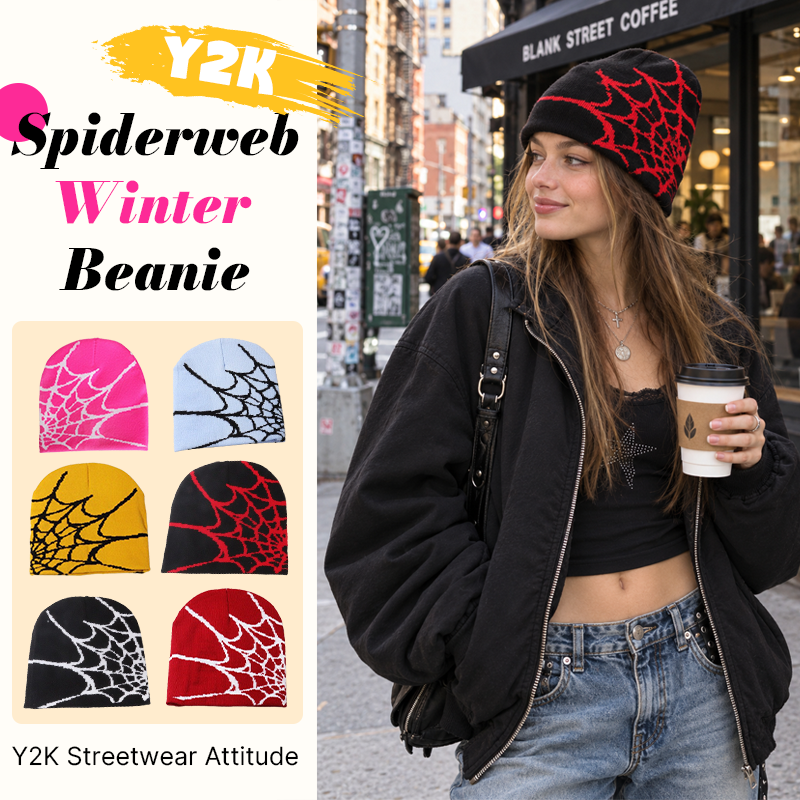 🕸️📼 Y2K Spiderweb Winter Beanie — Alternative Streetwear Hat with Bold Web Graphic