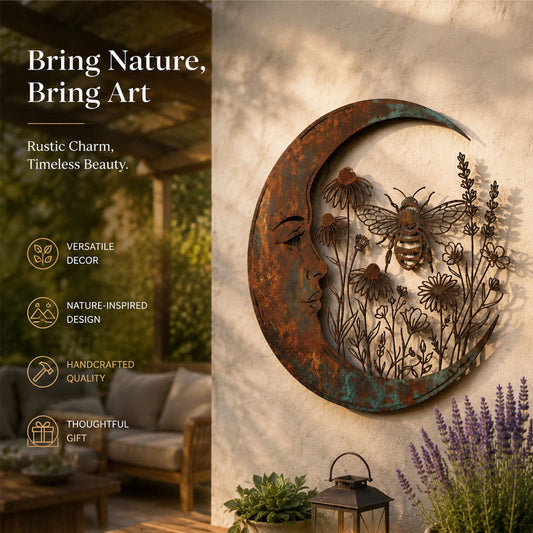 🌙 Celestial Moon & Bee Wall Decor: Whimsical Rustic Outdoor Garden Ornament! 🐝