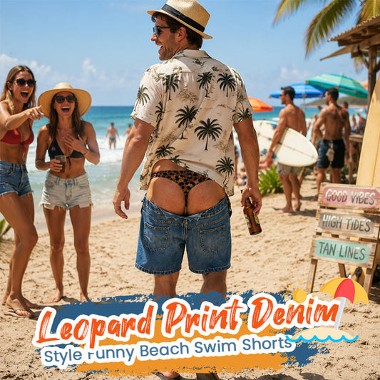 🐆 Leopard Print Denim-Style Funny Beach Swim Shorts: Novelty Swim Trunks! 🏖️