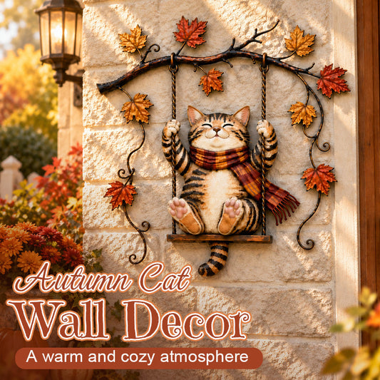 🐱🍂 Autumn Cat Wall Decor — Playful Feline with Fall Leaves