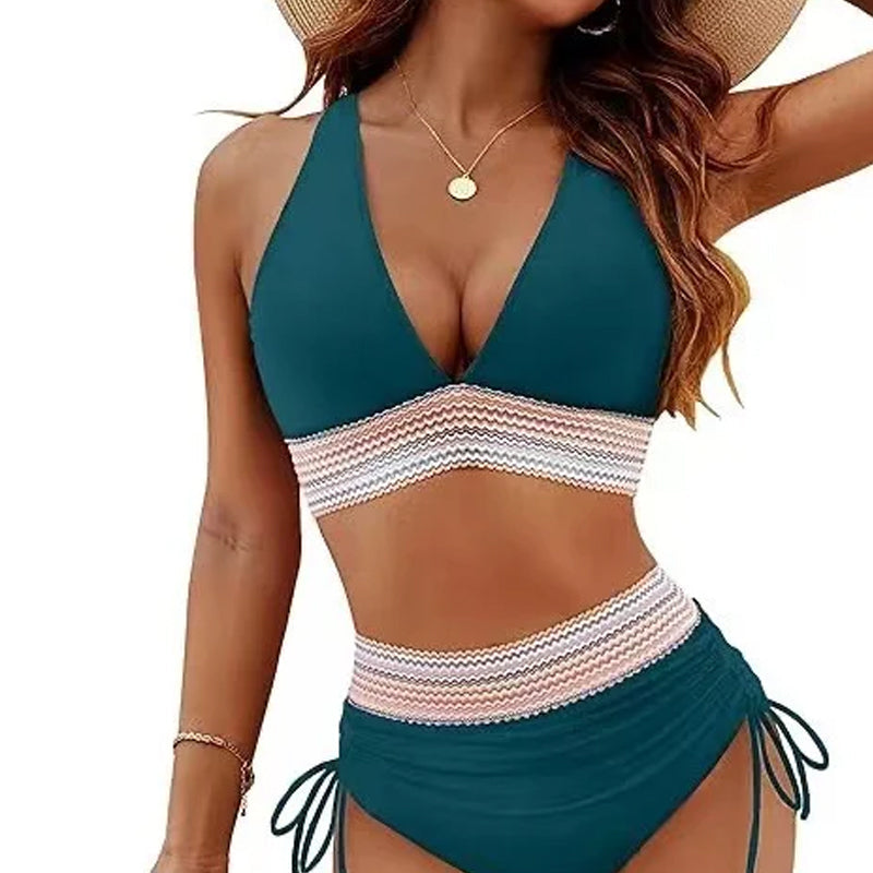 🔥S~4XL available🔥2025 High Waisted Tummy Control Color Block Bikinisets