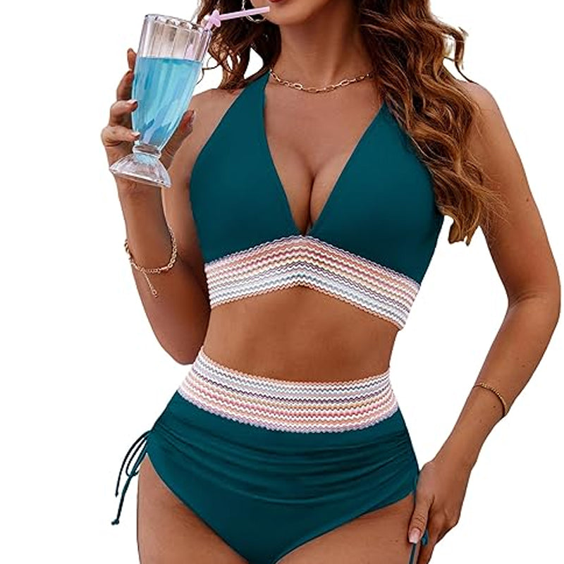 🔥S~4XL available🔥2025 High Waisted Tummy Control Color Block Bikinisets