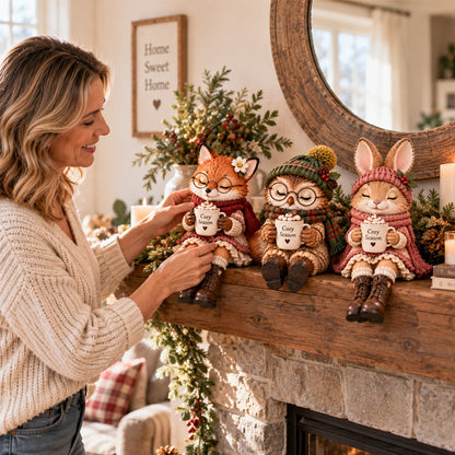 🦊🦉🐰 Cozy Christmas Animal Companion Figurines — Fox, Owl & Bunny with Warm Drink Cups