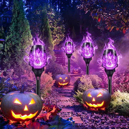 💀 Solar Purple Flickering Skull Flame Torch Lights: Spooky Halloween Outdoor Decor! 🎃