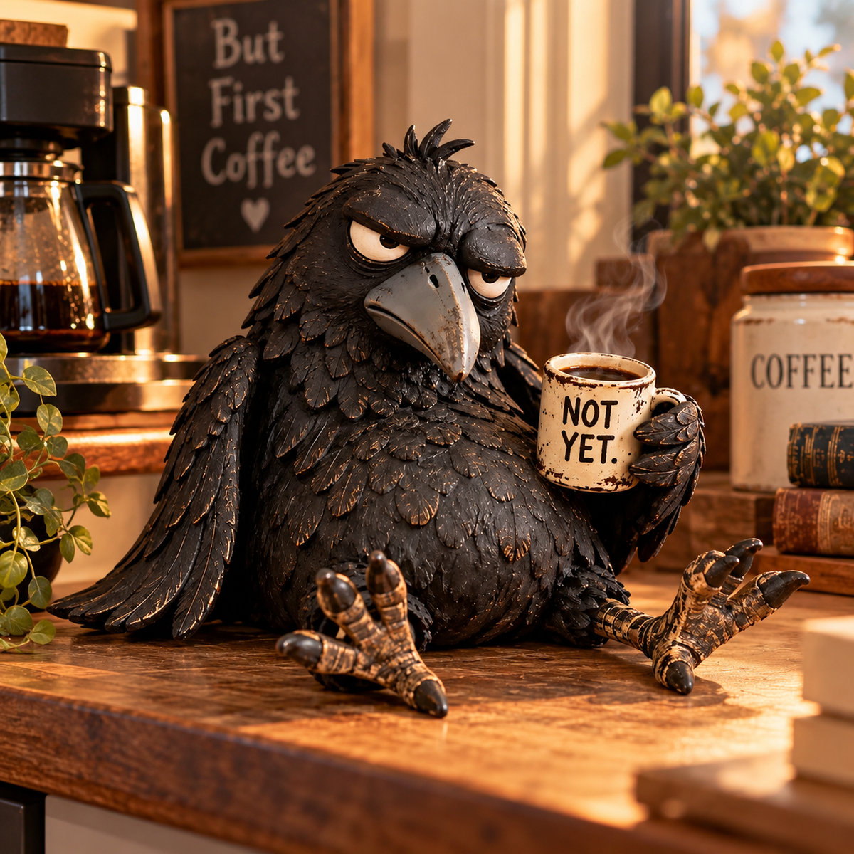☕😂 Grumpy Coffee Raven Figurine — Funny Morning Decor for Coffee Lovers