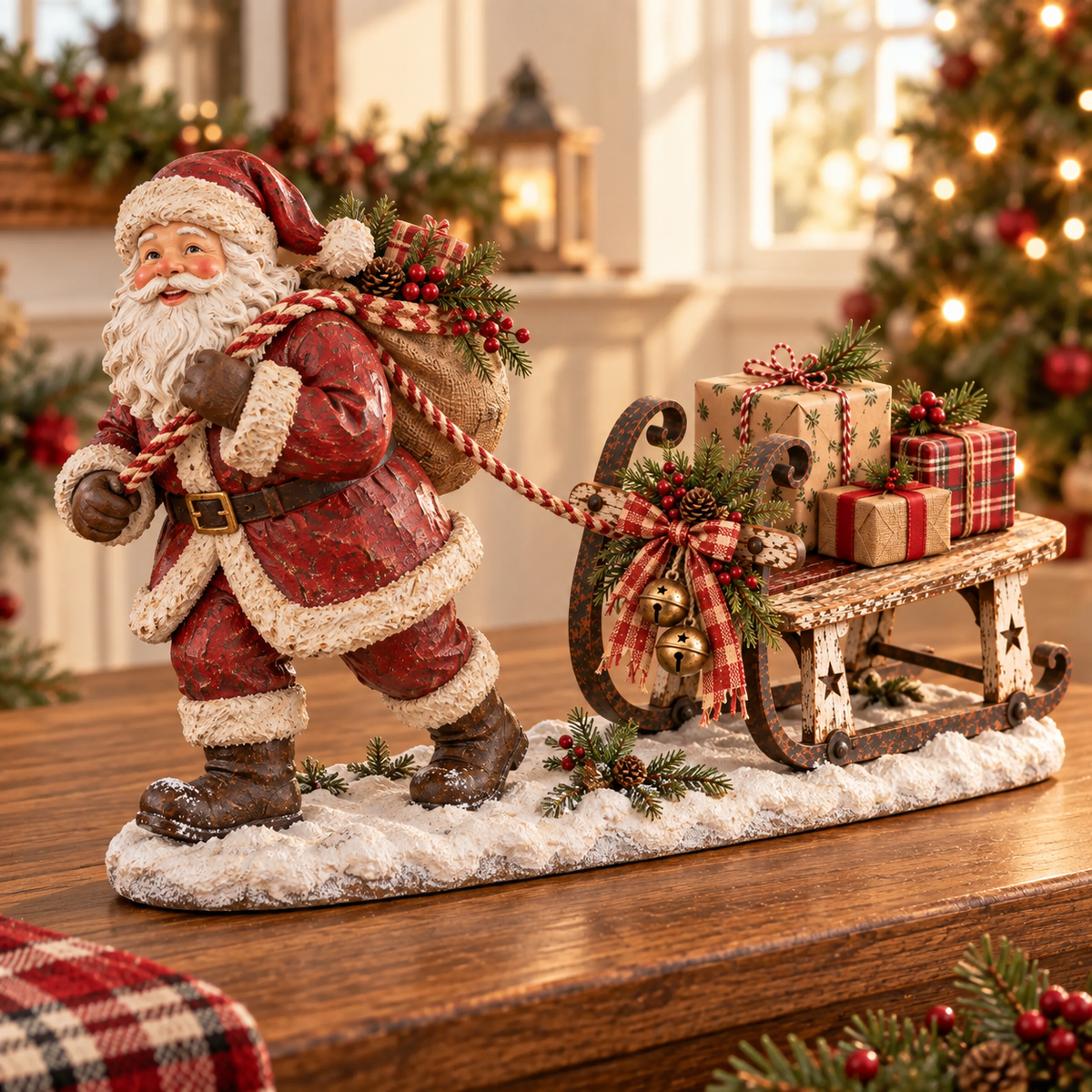 🎅🛷 Santa's Christmas Sleigh Farmhouse Table Decor — Festive Centerpiece with Gift-Filled Sleigh