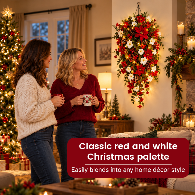 🎄Cascading Christmas Wreath -- Warm Lights, Red & White Blooms, Instant Focal Point