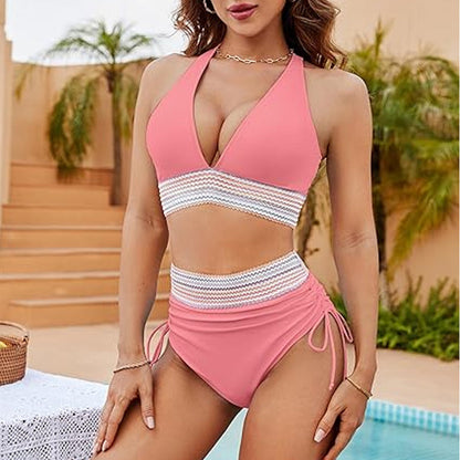 🔥S~4XL available🔥2025 High Waisted Tummy Control Color Block Bikinisets