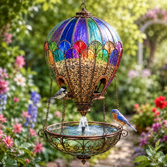 🌈🐦 Stained Glass Magic — Hot Air Balloon Bird Feeder Fountain