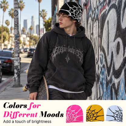🕸️📼 Y2K Spiderweb Winter Beanie — Alternative Streetwear Hat with Bold Web Graphic